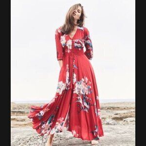 Jaase Red Floral Maxi Dress XS Indiana Carmen White V Neck Passion Long Sleeve